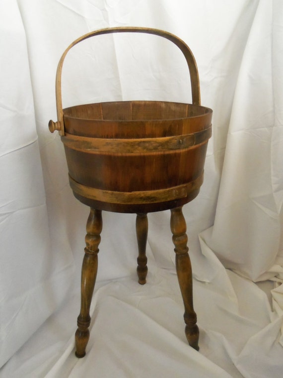 Vintage Wooden 3 Legged Barrel Basket Bucket Wood Sewing Box